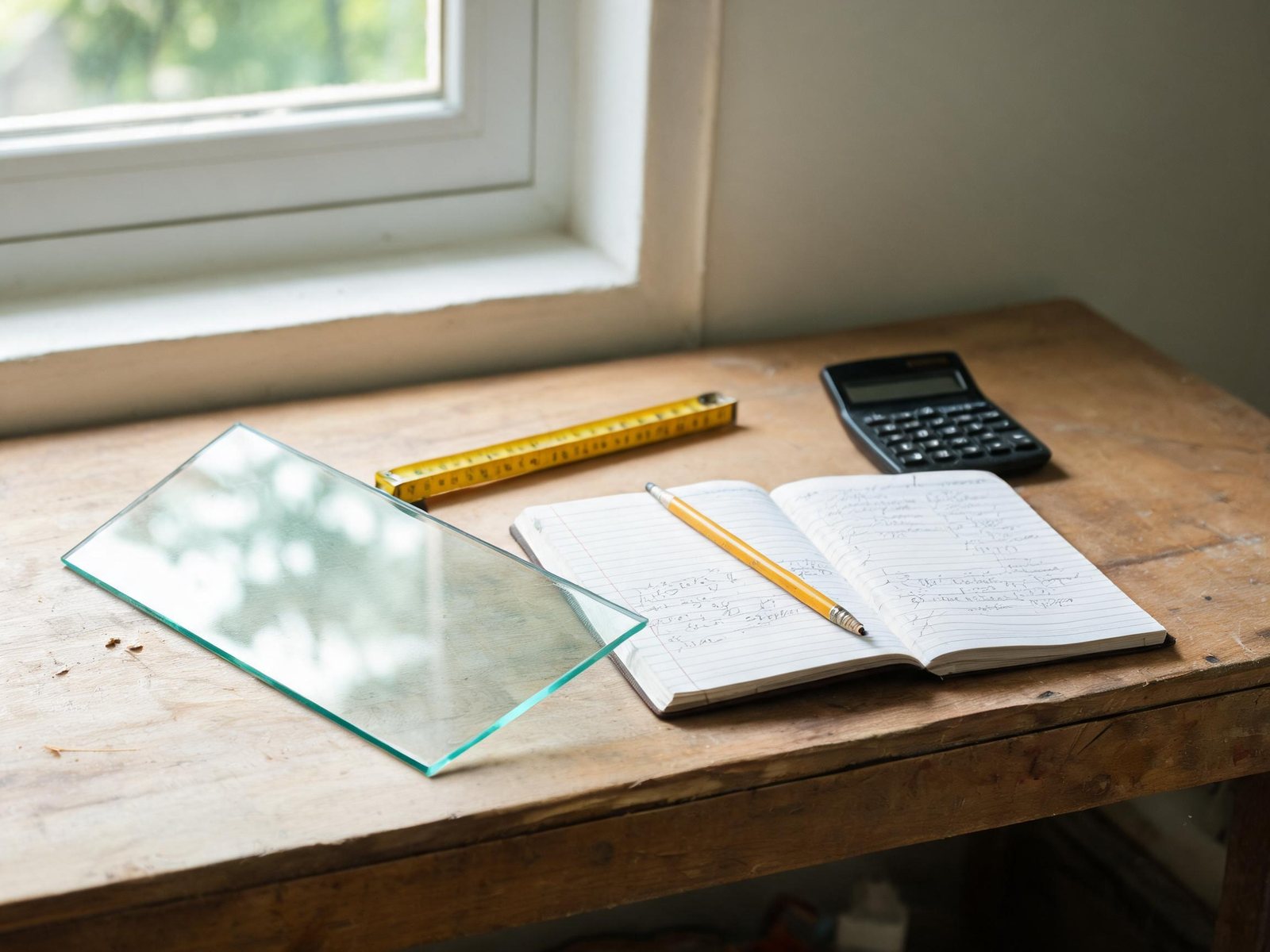 Calcul d'un devis de vitrage sur mesure : échantillon de verre, mètre et carnet sur l'établi