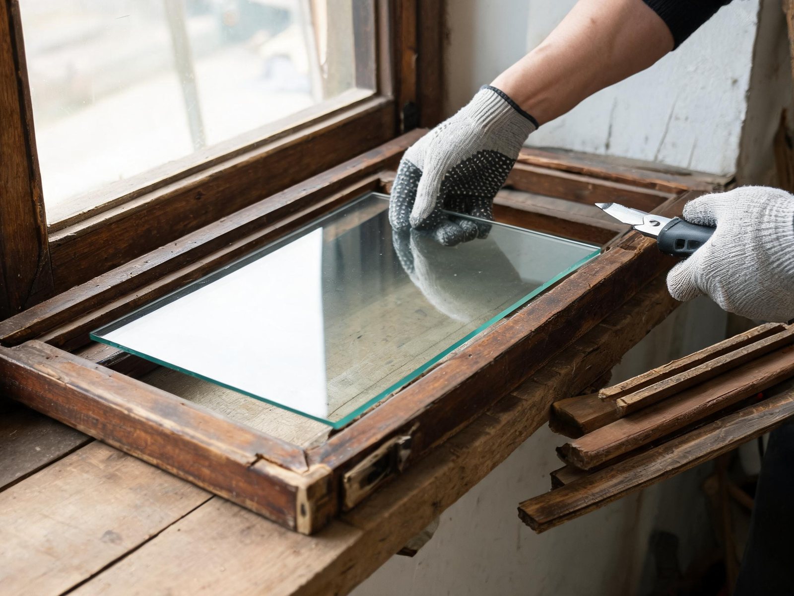 Châssis en bois ancien avec carreau remplacé, parcloses en bois et mastic de vitrier visible en périphérie