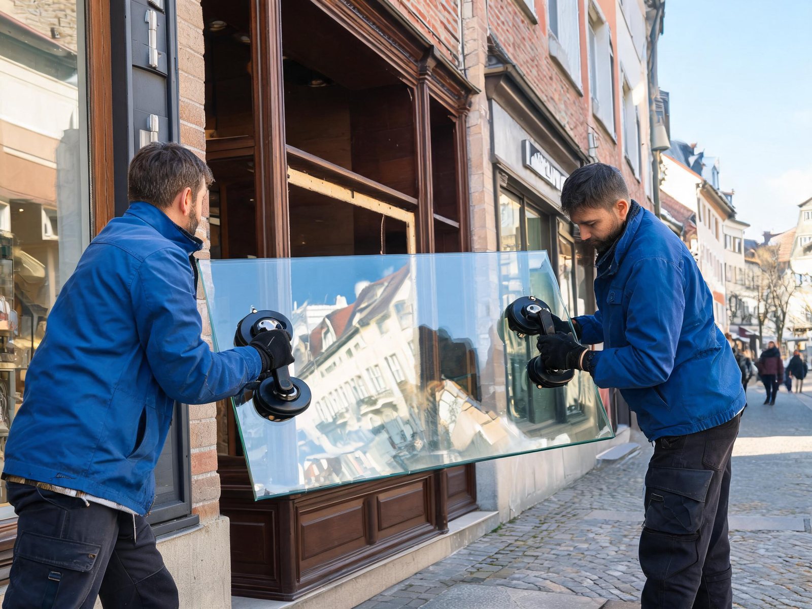 Vitriers installant un nouveau vitrage de vitrine à l'aide de ventouses de levage