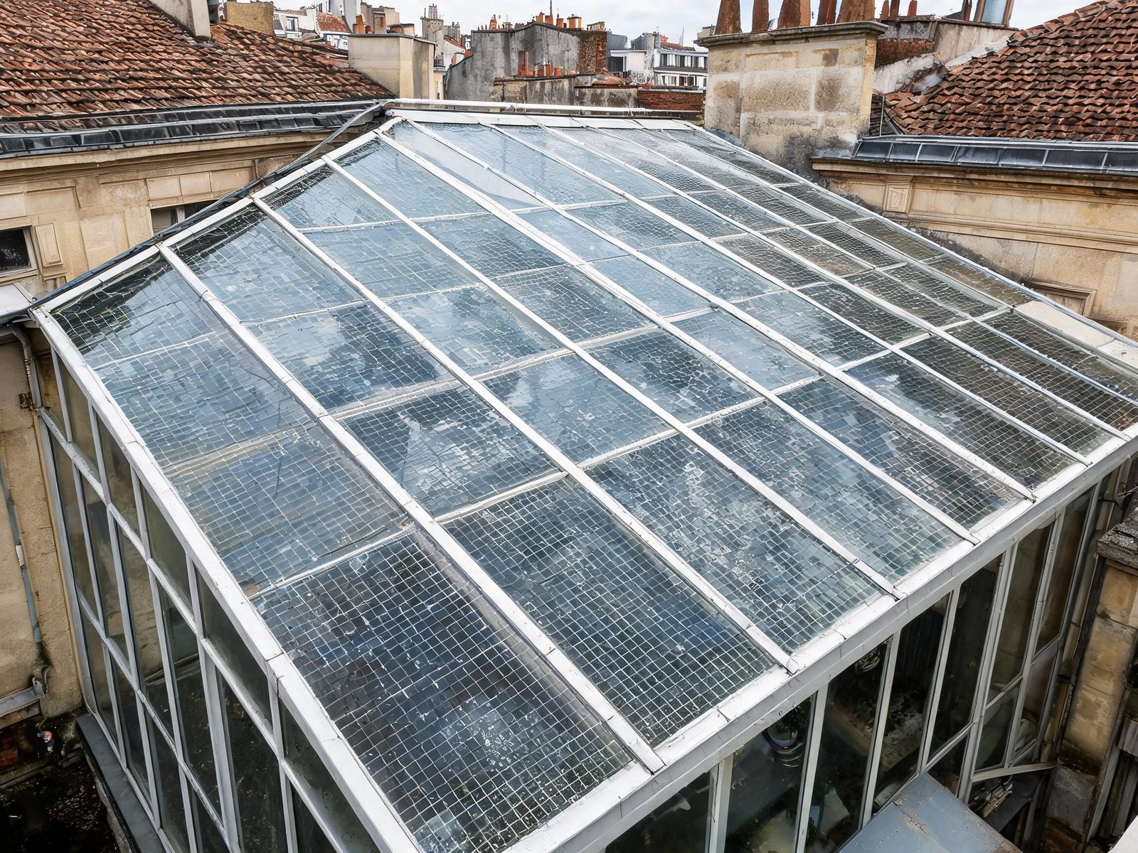 Ancienne toiture vitrée d'atelier en verre armé sur une cour, structure métallique blanche