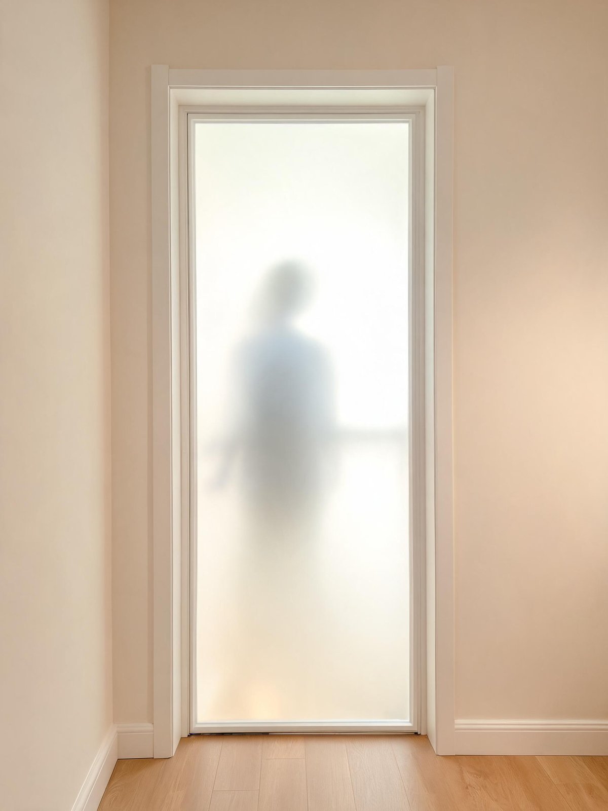 Porte en verre opale lisse et laiteux diffusant la lumière, silhouette à peine visible derrière