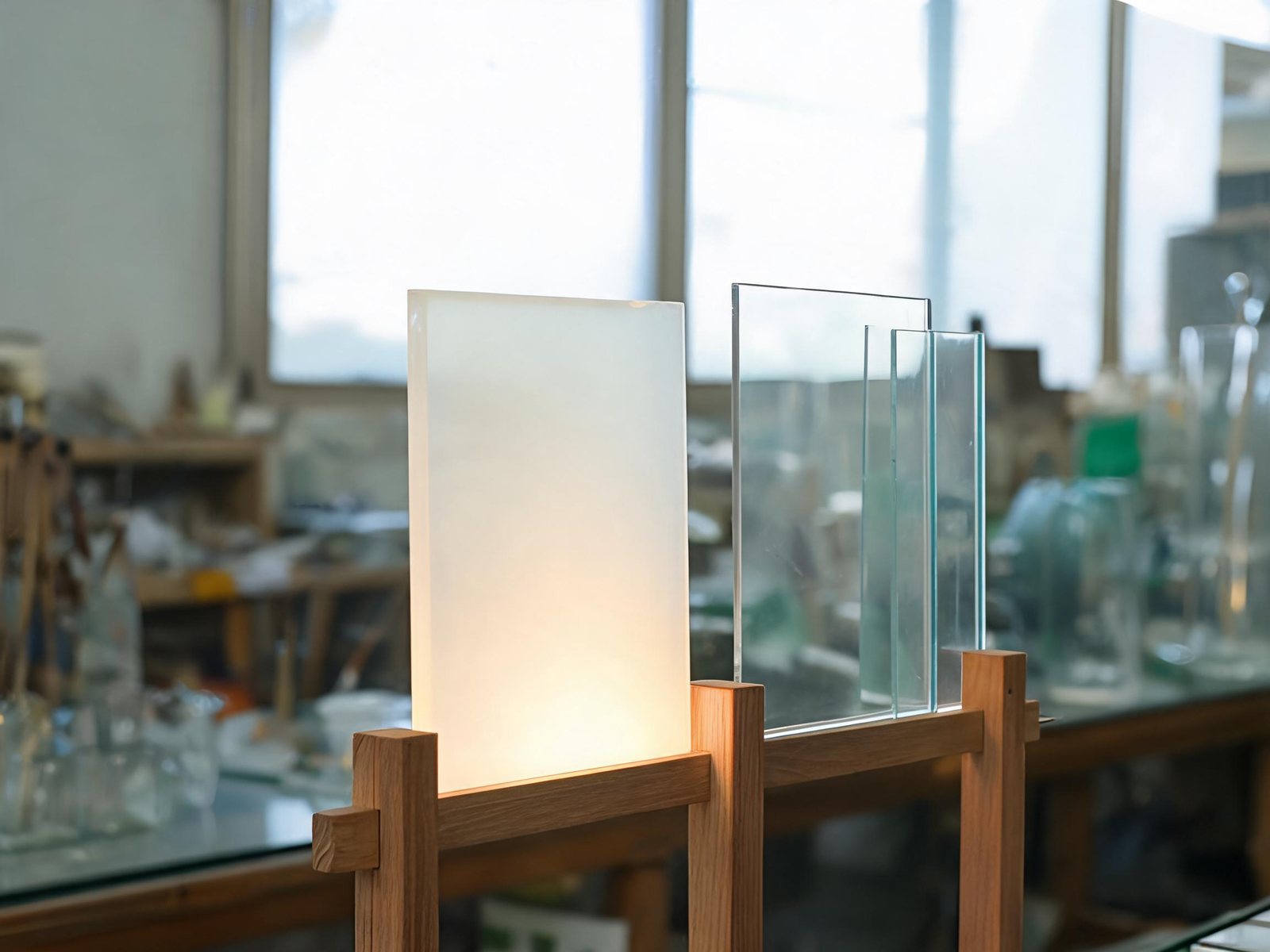 Panneau de verre opale diffusant une lumière laiteuse, à côté de vitrages clairs en atelier