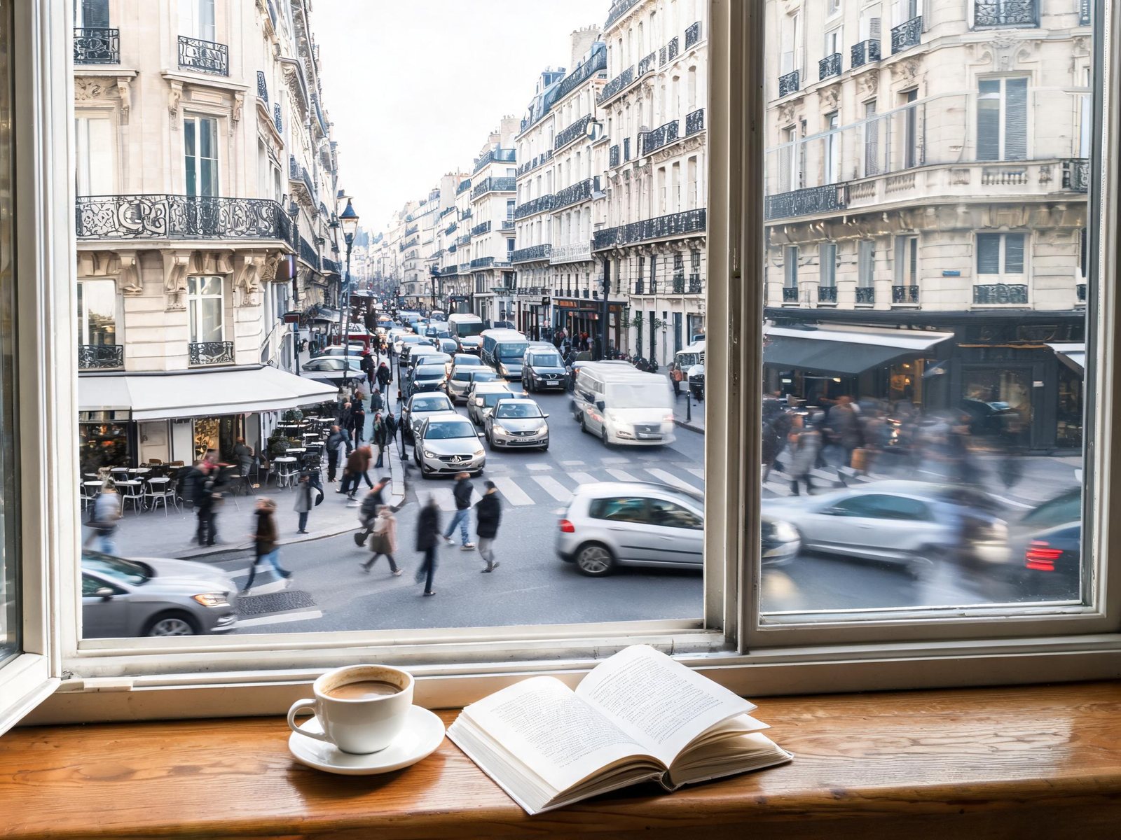 Rue animée en ville visible derrière une fenêtre équipée d'un vitrage feuilleté acoustique