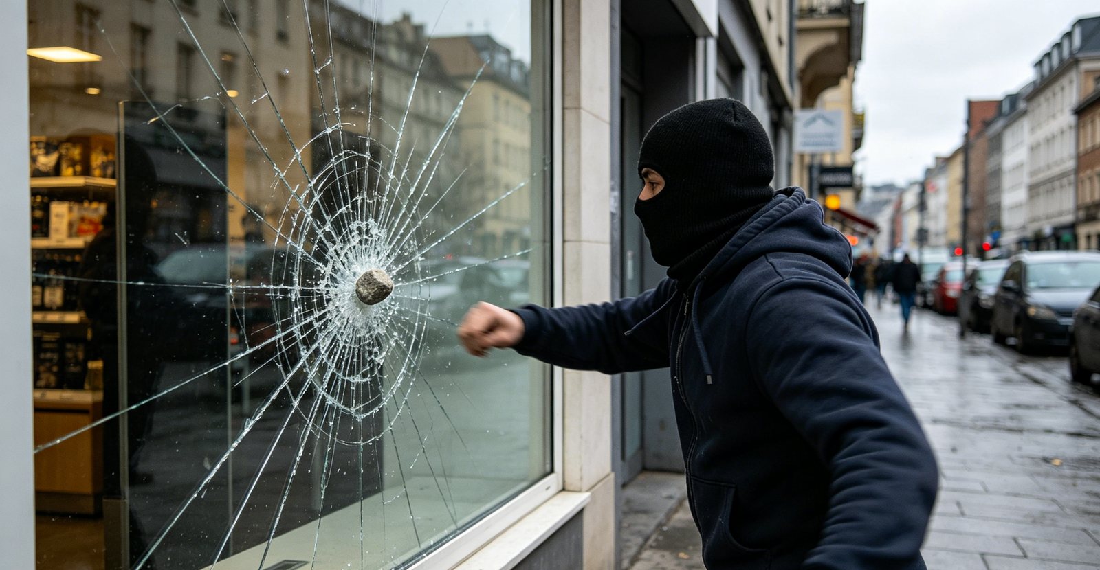 Personne cagoulée jetant une pierre sur la vitrine d'un commerce, vitrage feuilleté étoilé par l'impact