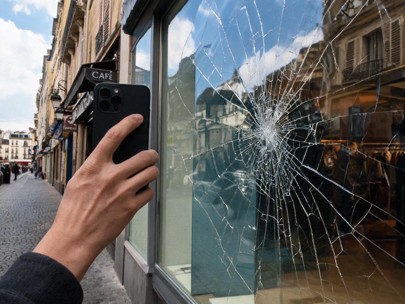 Constat photo au smartphone d'une vitrine de commerce fissurée pour le dossier d'assurance